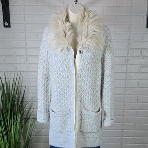 Coldwater Creek Grey Faux Fur Collar Cardigan Oversized Small